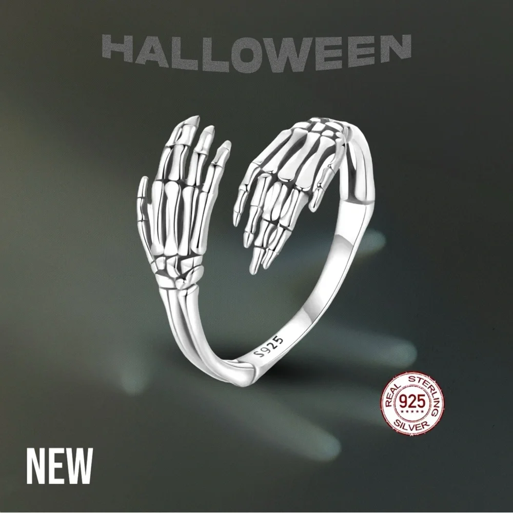 New 925 Sterling Silver Halloween Vintage Skeleton Hand Ring - Picture 1 of 8